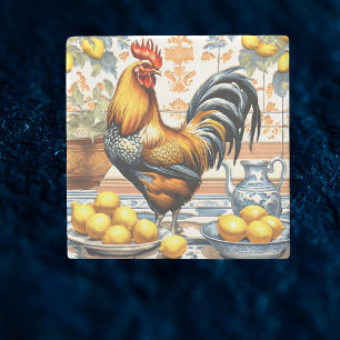 Porta-copo De Pedra Galo e Limões Estilo Azulejo Azul Laranja Creme
