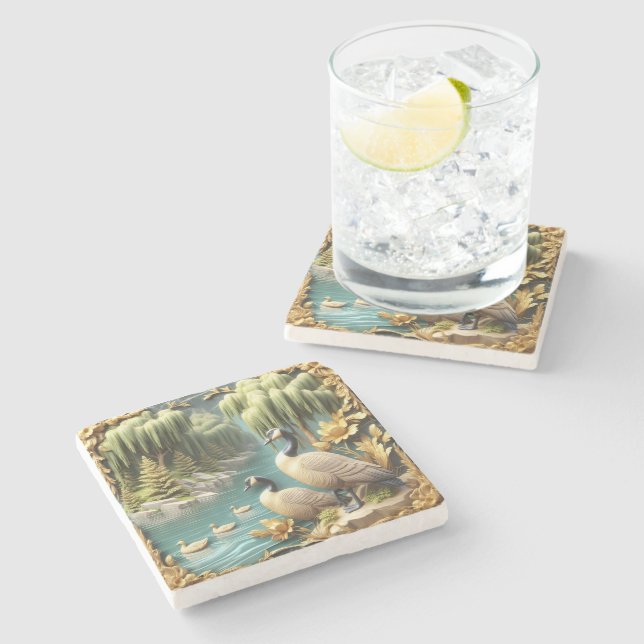 Porta-copo De Pedra Gansos do Canadá em meio aos chorões (Lateral)
