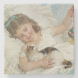 Porta-copo De Pedra Garota Doce Brincando Com Seu Gato De Pet (Munier)