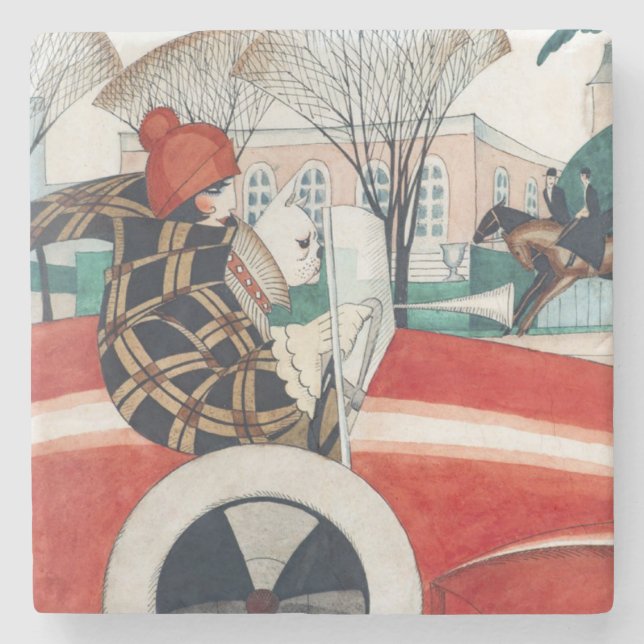 Porta-copo De Pedra Garota e Cachorro num Automóvel Vermelho (Frente)