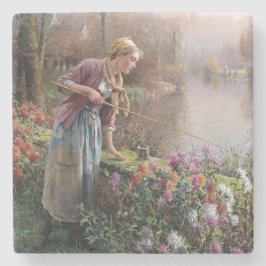 Porta-copo De Pedra Garota francesa pescando na Bretanha