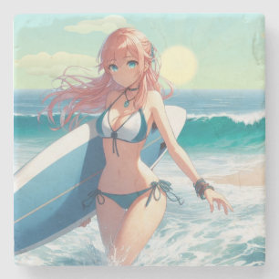 Porta-copo De Pedra Garota surfista de anime costeira/náutica/tropical