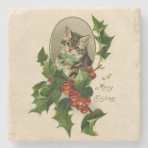 Porta-copo De Pedra Gatinho de Natal Vitoriano em Tabby Antigo com Aze