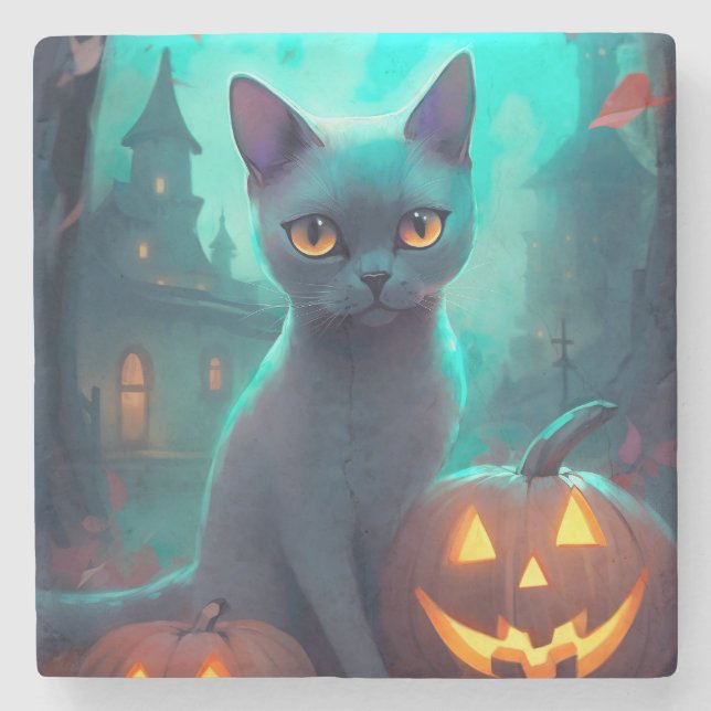 Porta-copo De Pedra Gato Azul Russo Halloween Com Pumpkins Assustado (Frente)