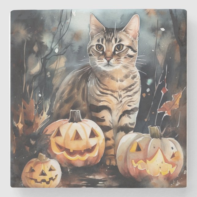 Porta-copo De Pedra Gato Bengala de Halloween com Abóboras Assustadora (Frente)
