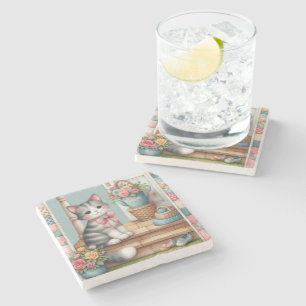 Porta-copo De Pedra Gato Bonito em Porch com Flores e Correspondência