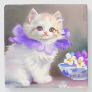 Porta-copo De Pedra Gato branco com pintura de colarinho de flores rox
