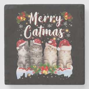 Porta-copo De Pedra Gato Chapéu de Natal Santa Engraçado Feliz Catmas