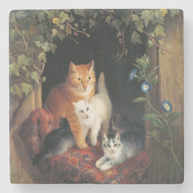 Porta-copo De Pedra Gato Com Gatinhos (Arte Animal) (Frente)