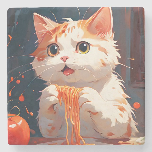 Porta-copo De Pedra Gato comendo espaguete (Frente)