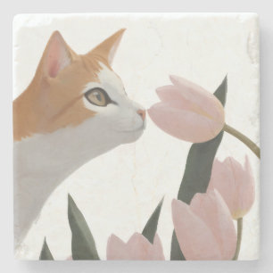 Porta-copo De Pedra Gato Curioso Floral de Primavera