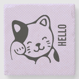 Porta-copo De Pedra Gato de Gatinho Branco e Preto, Brancos, a acenar 