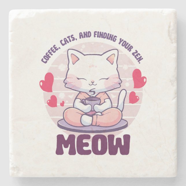 Porta-copo De Pedra Gato de meditação - Gato Kawaii (Frente)