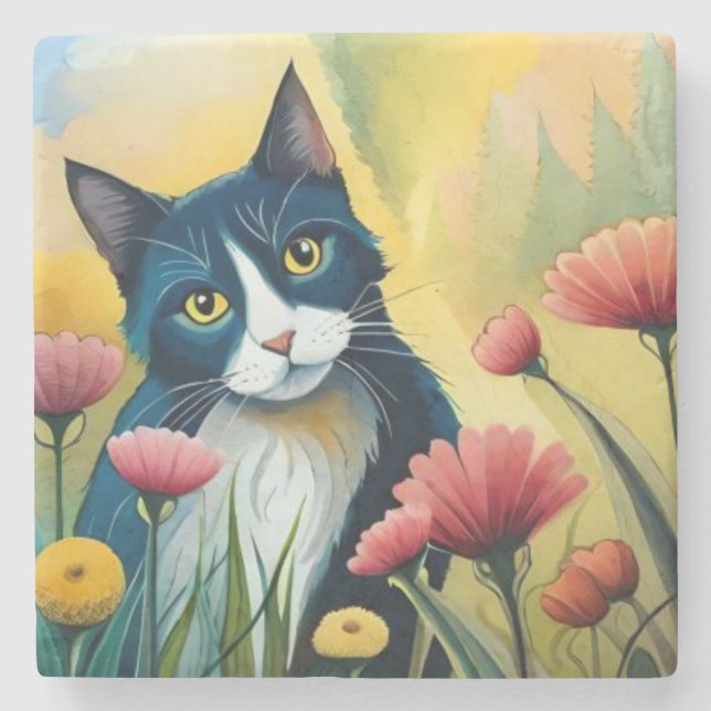 Porta-copo De Pedra Gato FLoral (Frente)
