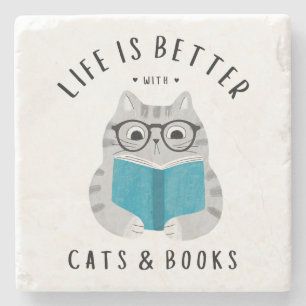 Porta-copo De Pedra Gato Fofinho Amante de Livros Lendo Livro