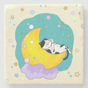 Porta-copo De Pedra Gato Gato De Gato De Tuxedo Bonito Dormindo Na Lua