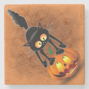 Porta-copo De Pedra Gato Halloween Caricatura Assustada na Pumpkin
