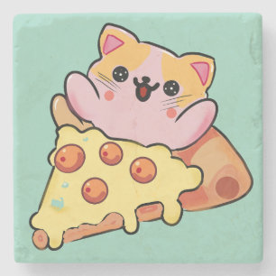 Porta-copo De Pedra Gato Kawaii Abraçando Pizza de Pepperoni Cartoon