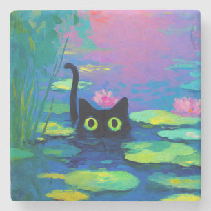 Porta-copo De Pedra Gato Negro Engraçado Nadando Pond   Quirky Art