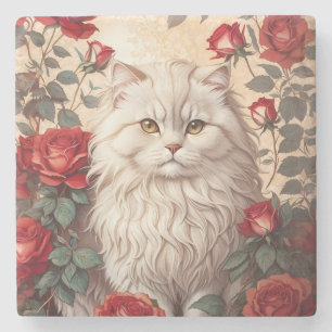 Porta-copo De Pedra Gato Persa Elegante Vintage com Rosas