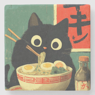 Porta-copo De Pedra Gato Preto Engraçado Comendo Ramen