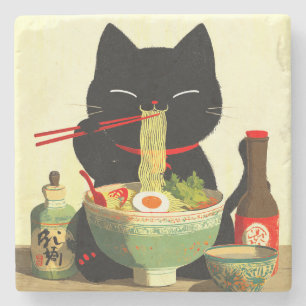 Porta-copo De Pedra Gato Preto Feliz Comendo Ramen Ukiyo-e Japonês