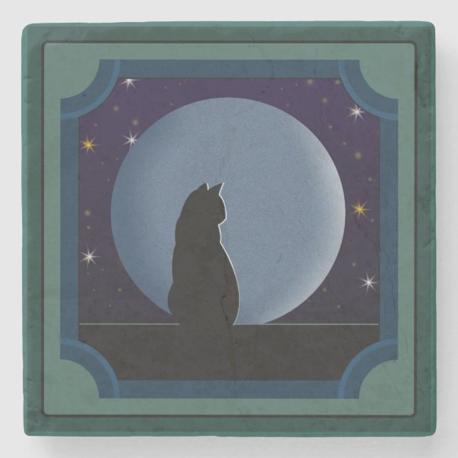 Porta-copo De Pedra Gato Preto, Lua Cheia, Estrelas (Frente)