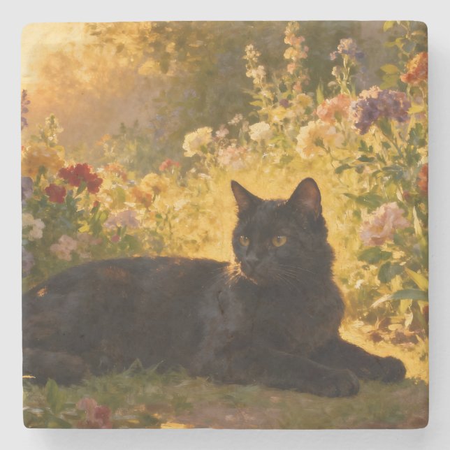 Porta-copo De Pedra Gato Preto nas Flores I (Frente)