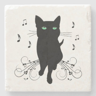 Porta-copo De Pedra Gato Preto Rodeado por Notas Musicais Sussurrantes