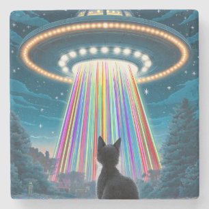 Porta-copo De Pedra Gato Psicodélico e OVNI Arte Engraçada De Abduçã