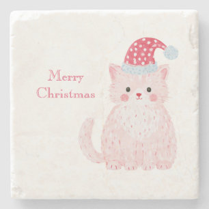 Porta-copo De Pedra Gato Rosa Chapéu de Natal Vermelho