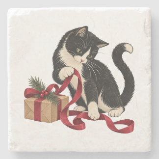 Porta-copo De Pedra Gato Tuxedo com Fita de Presente Vermelha