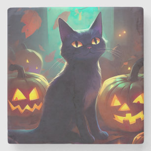 Porta-copo De Pedra Gato Tuxedo de Halloween com Abóboras Assustador