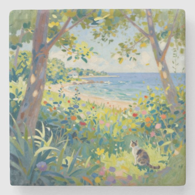 Porta-copo De Pedra Gatos Flores E Mar (Frente)