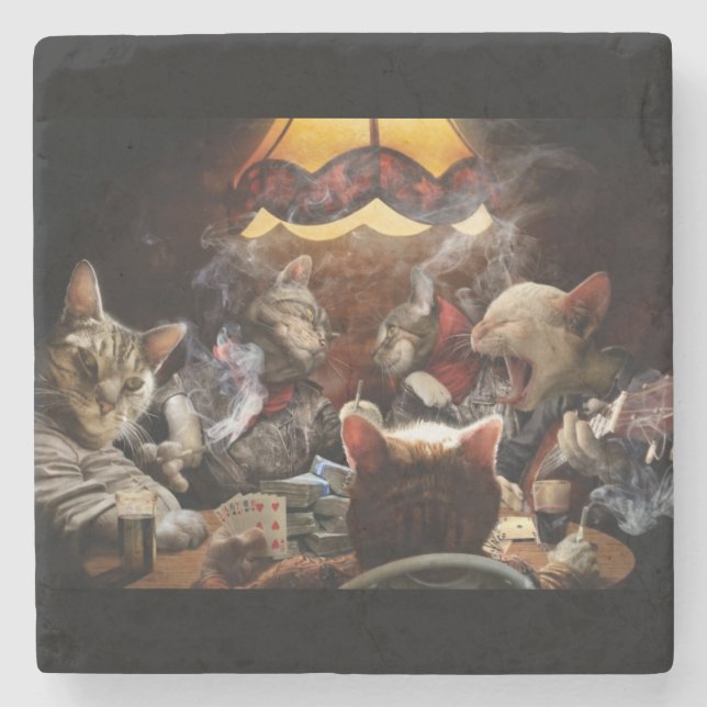 Porta-copo De Pedra Gatos jogando pôquer (Frente)