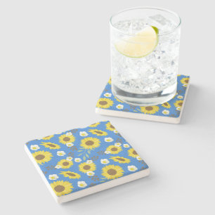 Porta-copo De Pedra Girassol Amarelo Flor Floral Fundo Azul