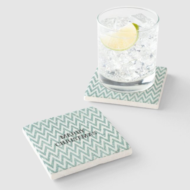 Porta-copo De Pedra Glitzy Green White Chevron Strips Natal (Lateral)