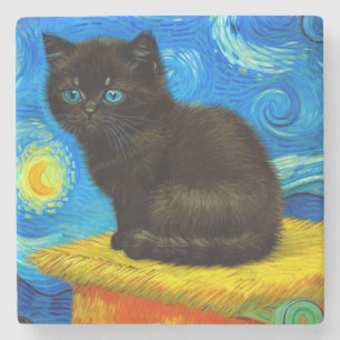 Porta-copo De Pedra Gogh Style Starry Night Cat