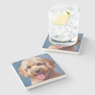Porta-copo De Pedra Golden Doodle Pintura em Aquarela de Cachorro Pe