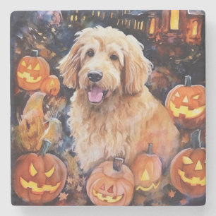 Porta-copo De Pedra Goldendoodle do Halloween Com Pumpkins Assustado