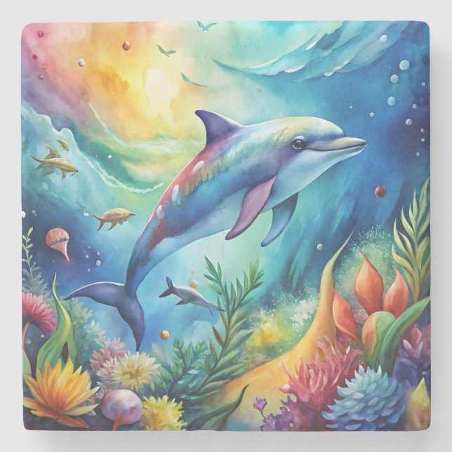 Porta-copo De Pedra Golfinho Pintado (Frente)