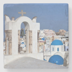 Porta-copo De Pedra Grécia, Santorini. Torre sineira e cúpulas azuis d
