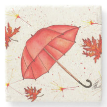 Guarda-chuva vermelha brilhante e folhas vermelhas