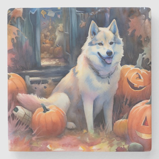 Porta-copo De Pedra Halloween Alaskan Malamute Com Pumpkins Assustado (Frente)