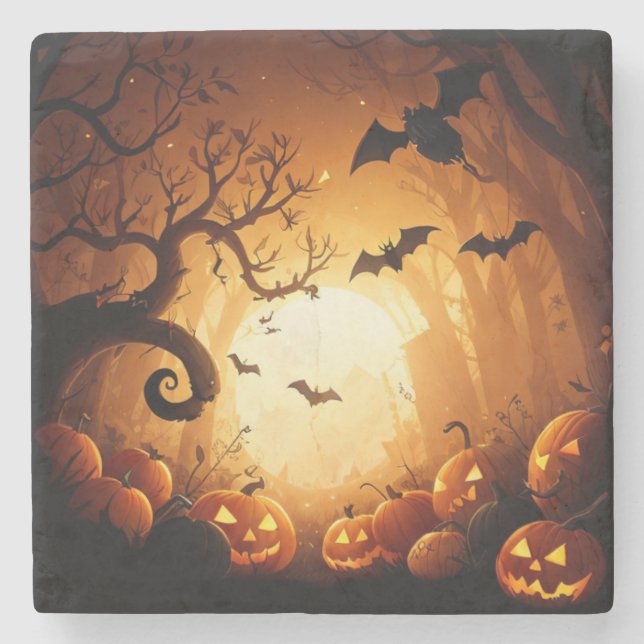 Porta-copo De Pedra Halloween/Bat/Pumpkin/Fall (Frente)