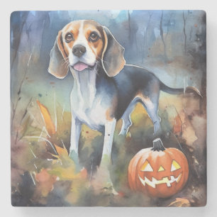 Porta-copo De Pedra Halloween Beagle Com Pumpkins Assustado