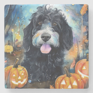 Porta-copo De Pedra Halloween Bernedoodle Com Pumpkins Assustado
