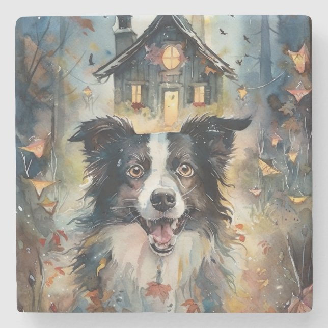 Porta-copo De Pedra Halloween Border Collie Com Pumpkins Assustado (Frente)