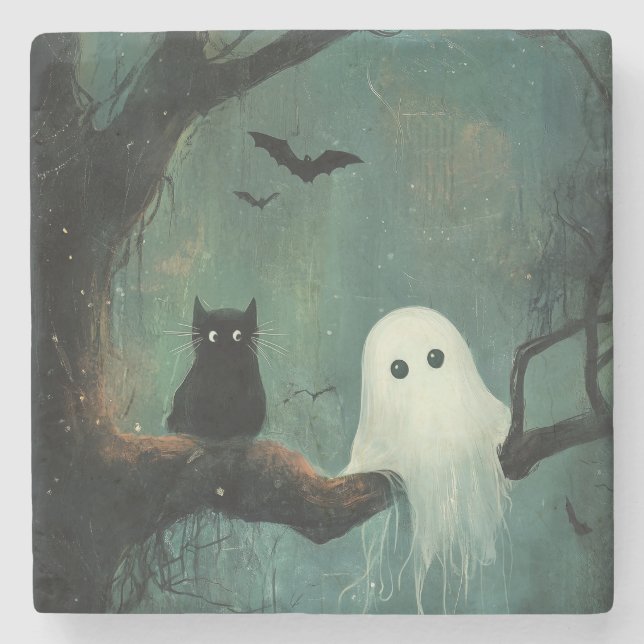 Porta-copo De Pedra Halloween Cat e Ghost (Frente)