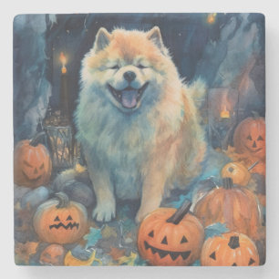 Porta-copo De Pedra Halloween Chow Chow Com Pumpkins Assustado